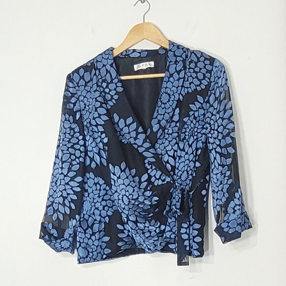 Tradition Black Blue Floral Sheer Tie Wrap Front Lightweight Blazer Cocktail - Picture 2 of 11